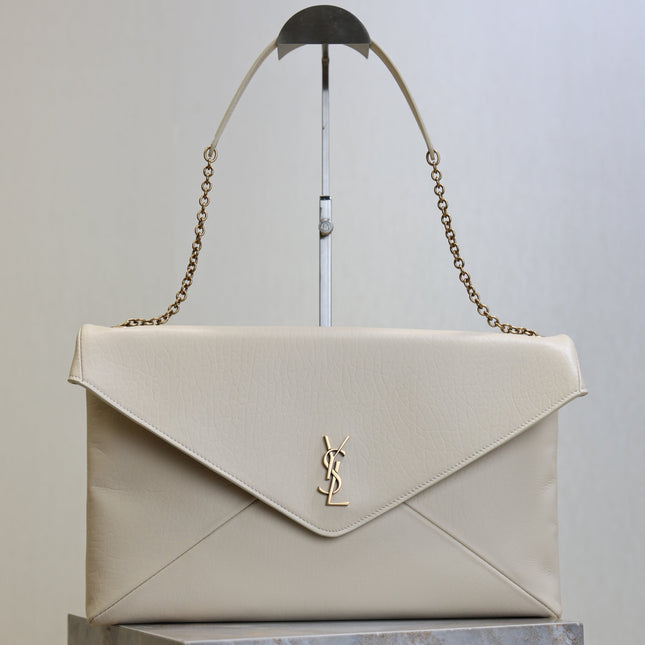 YSL 25S CASSANDRE ENVELOPE MESSENGER 35 IN BLANC VINTAGE LAMBSKIN GOLD HARDWRE