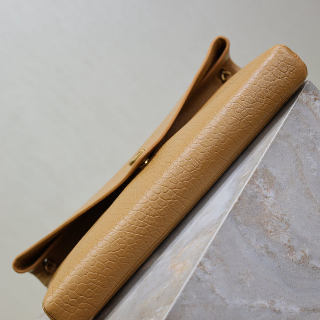 YSL 25S CASSANDRE ENVELOPE MESSENGER 35 IN GOLDEN BROWN LAMBSKIN GOLD HARDWRE