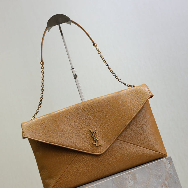 YSL 25S CASSANDRE ENVELOPE MESSENGER 35 IN GOLDEN BROWN LAMBSKIN GOLD HARDWRE