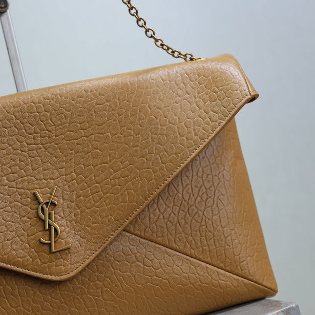 YSL 25S CASSANDRE ENVELOPE MESSENGER 35 IN GOLDEN BROWN LAMBSKIN GOLD HARDWRE