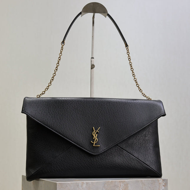 YSL 25S CASSANDRE ENVELOPE MESSENGER 35 IN BLACK LAMBSKIN GOLD HARDWRE