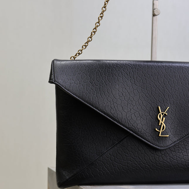 YSL 25S CASSANDRE ENVELOPE MESSENGER 35 IN BLACK LAMBSKIN GOLD HARDWRE