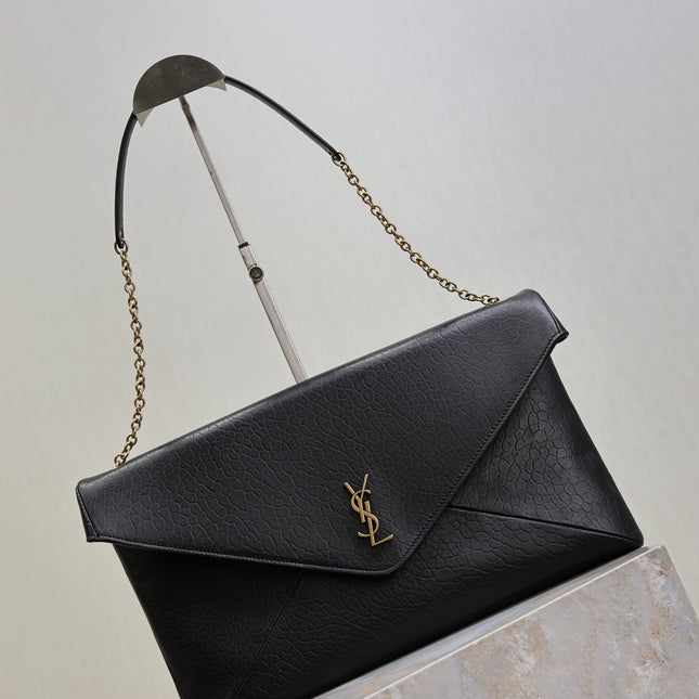 YSL 25S CASSANDRE ENVELOPE MESSENGER 35 IN BLACK LAMBSKIN GOLD HARDWRE