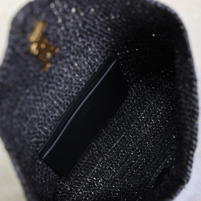 YSL 25S CASSANDRE LARGE ENVELOPE POUCH 29 IN BLACK RAFFIA GOLD HARDWRE