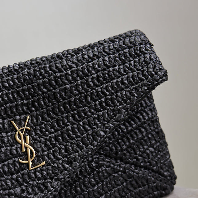 YSL 25S CASSANDRE LARGE ENVELOPE POUCH 29 IN BLACK RAFFIA GOLD HARDWRE