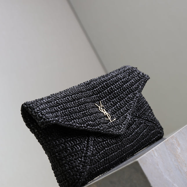 YSL 25S CASSANDRE LARGE ENVELOPE POUCH 29 IN BLACK RAFFIA GOLD HARDWRE
