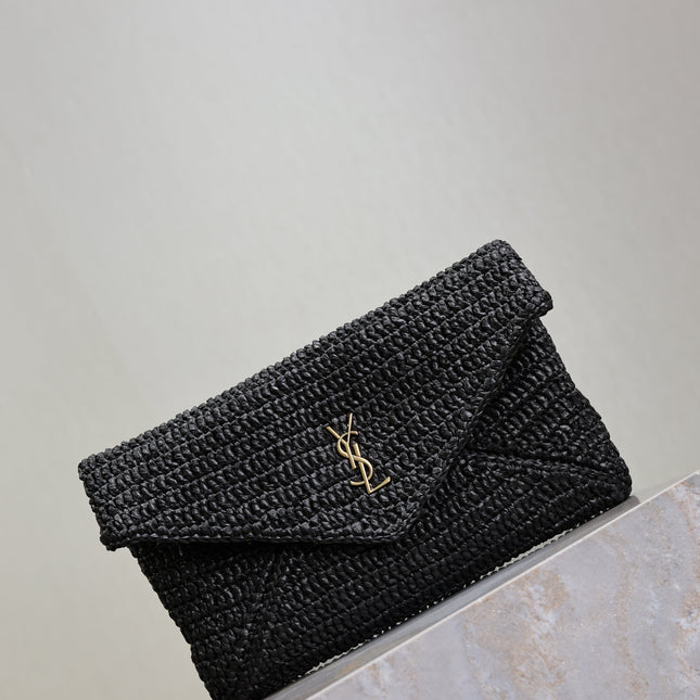 YSL 25S CASSANDRE LARGE ENVELOPE POUCH 29 IN BLACK RAFFIA GOLD HARDWRE
