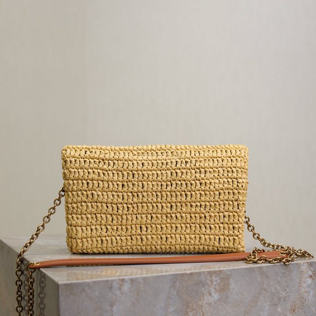 YSL 25S CALYPSO BAG 19 IN NATURAL RAFFIA AND CALFSKIN GOLD HARDWRE