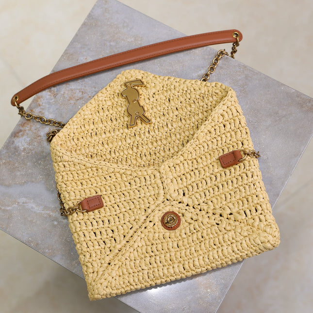 YSL 25S CALYPSO BAG 19 IN NATURAL RAFFIA AND CALFSKIN GOLD HARDWRE