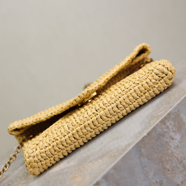 YSL 25S CALYPSO BAG 19 IN NATURAL RAFFIA AND CALFSKIN GOLD HARDWRE