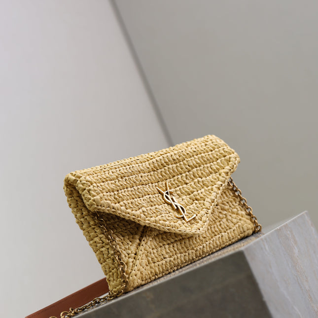 YSL 25S CALYPSO BAG 19 IN NATURAL RAFFIA AND CALFSKIN GOLD HARDWRE