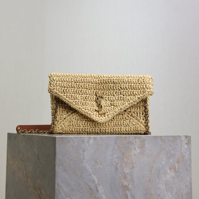 YSL 25S CALYPSO BAG 19 IN NATURAL RAFFIA AND CALFSKIN GOLD HARDWRE