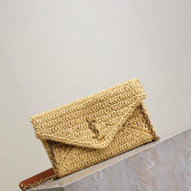 YSL 25S CALYPSO BAG 19 IN NATURAL RAFFIA AND CALFSKIN GOLD HARDWRE