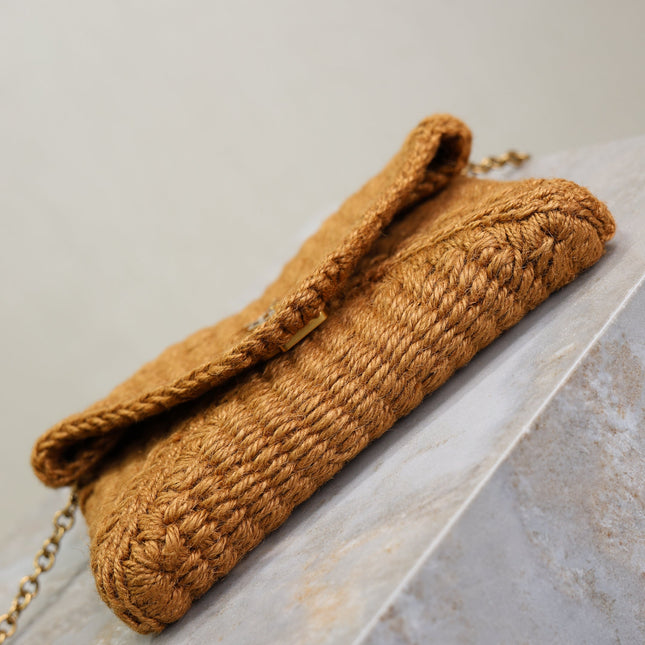 YSL 25S CALYPSO BAG 19 IN DARK BROWN RAFFIA AND CALFSKIN GOLD HARDWRE