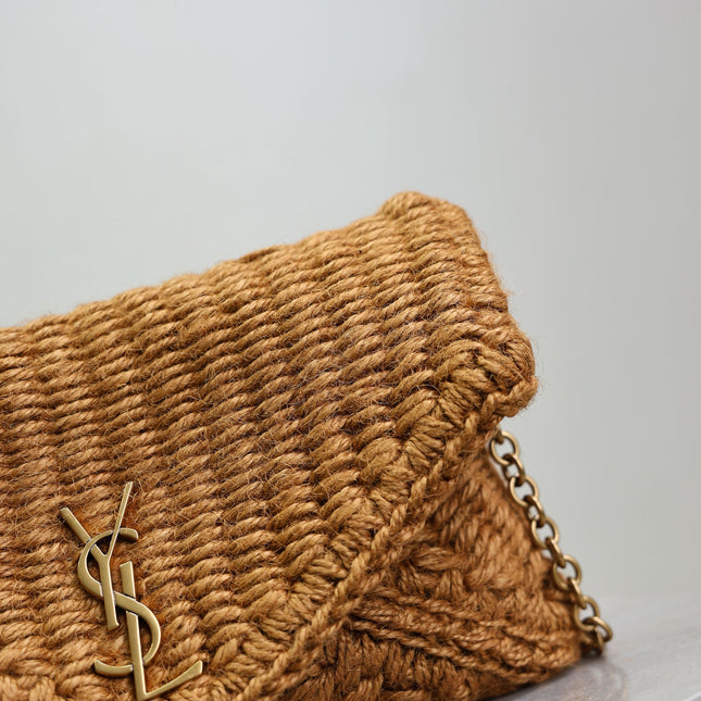 YSL 25S CALYPSO BAG 19 IN DARK BROWN RAFFIA AND CALFSKIN GOLD HARDWRE