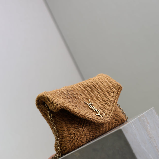 YSL 25S CALYPSO BAG 19 IN DARK BROWN RAFFIA AND CALFSKIN GOLD HARDWRE