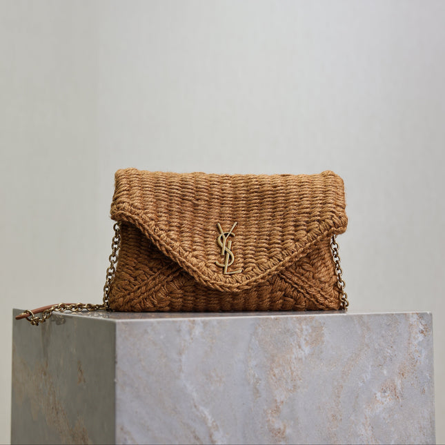 YSL 25S CALYPSO BAG 19 IN DARK BROWN RAFFIA AND CALFSKIN GOLD HARDWRE