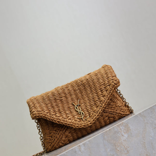 YSL 25S CALYPSO BAG 19 IN DARK BROWN RAFFIA AND CALFSKIN GOLD HARDWRE
