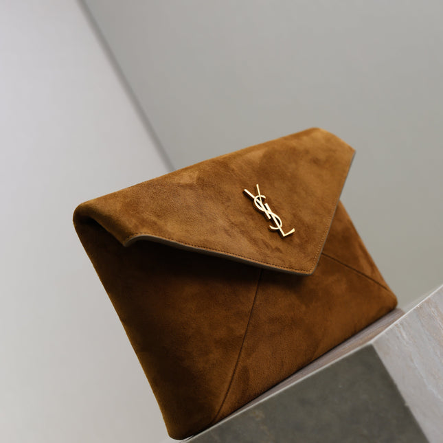 YSL 25S CASSANDRE LARGE ENVELOPE POUCH 29 IN BURNT UMBER SUEDE GOLD HARDWRE