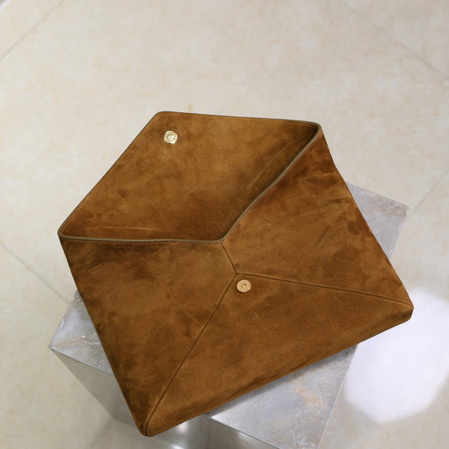 YSL 25S CASSANDRE LARGE ENVELOPE POUCH 29 IN BURNT UMBER SUEDE GOLD HARDWRE
