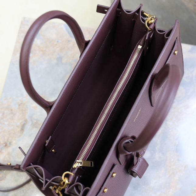 YSL 25S SAC DE JOUR GM 32 IN ROUGE CABERNET SUPPLE GRAINED CALFSKIN