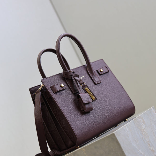 YSL 25S SAC DE JOUR MM 26 IN ROUGE CABERNET SUPPLE GRAINED CALFSKIN