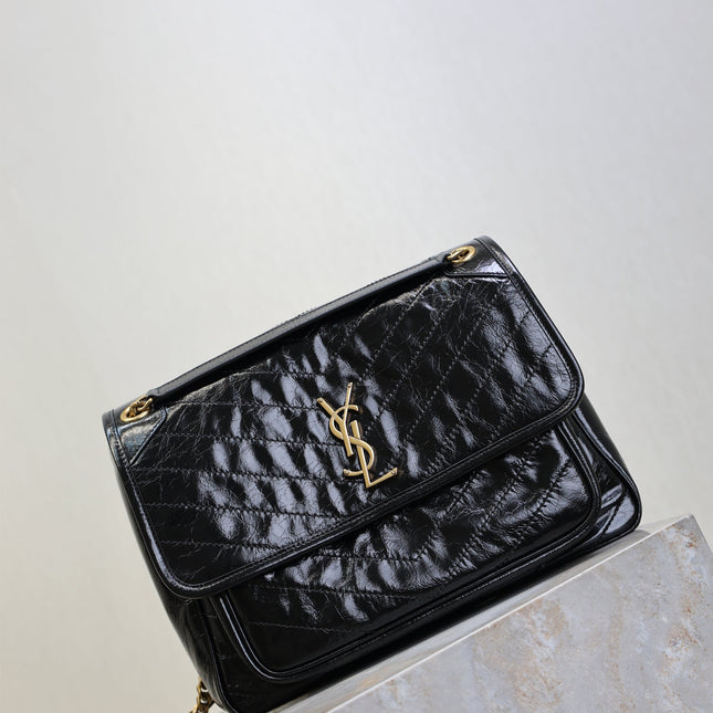 YSL 25S NIKI GM BAG 32 IN BLACK GLOSSY CALFSKIN GOLD HARDWRE