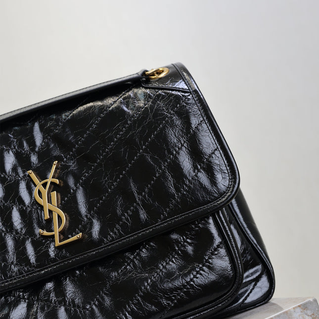 YSL 25S NIKI GM BAG 32 IN BLACK GLOSSY CALFSKIN GOLD HARDWRE