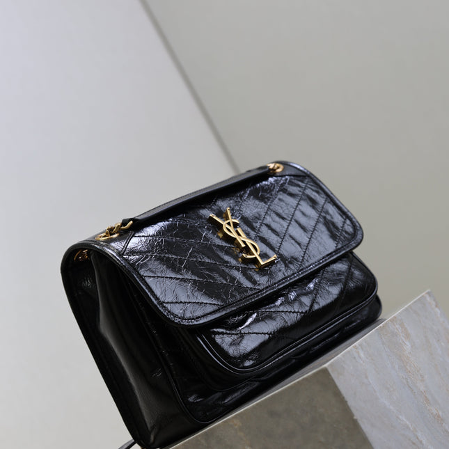 YSL 25S NIKI MM BAG 28 IN BLACK GLOSSY CALFSKIN GOLD HARDWRE