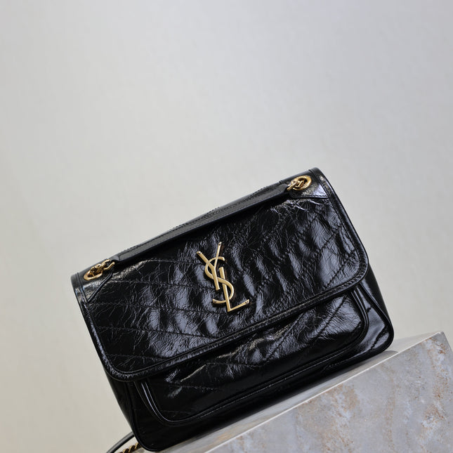 YSL 25S NIKI MM BAG 28 IN BLACK GLOSSY CALFSKIN GOLD HARDWRE