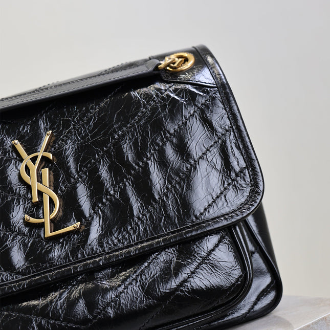 YSL 25S NIKI MM BAG 28 IN BLACK GLOSSY CALFSKIN GOLD HARDWRE