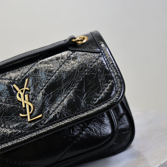 YSL 25S NIKI BAG 18 IN BLACK GLOSSY CALFSKIN GOLD HARDWRE