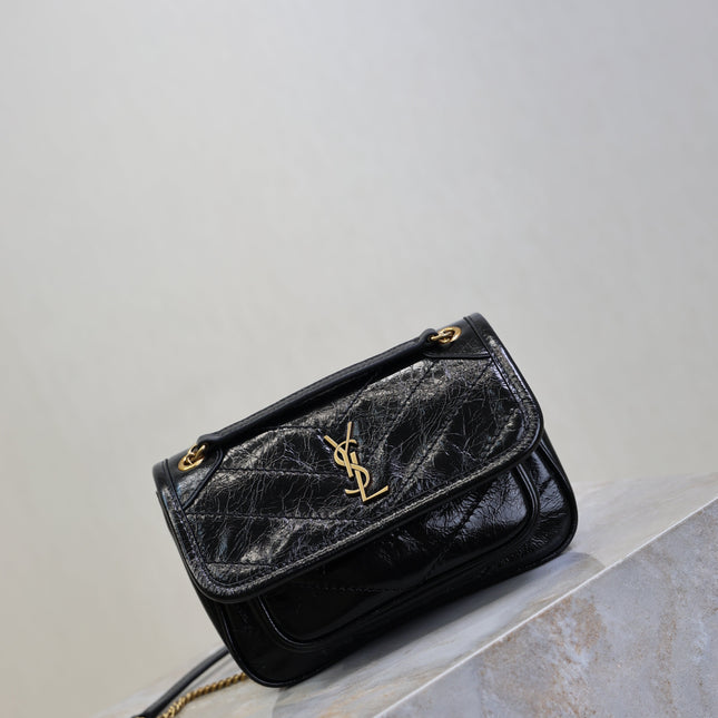 YSL 25S NIKI BAG 18 IN BLACK GLOSSY CALFSKIN GOLD HARDWRE