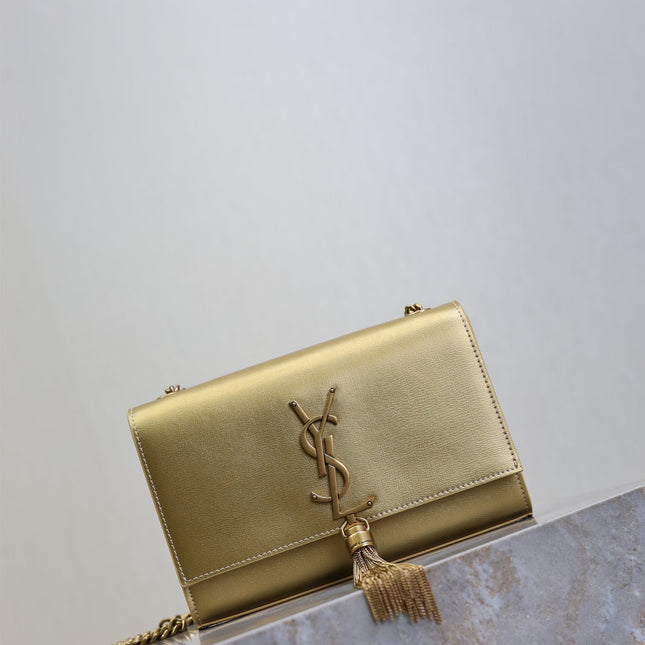 YSL 25S KATE TASSEL 20 IN GOLD METALLIC CALFSKIN GOLD HARDWRE