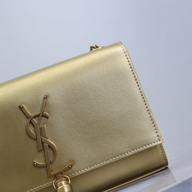 YSL 25S KATE TASSEL 20 IN GOLD METALLIC CALFSKIN GOLD HARDWRE