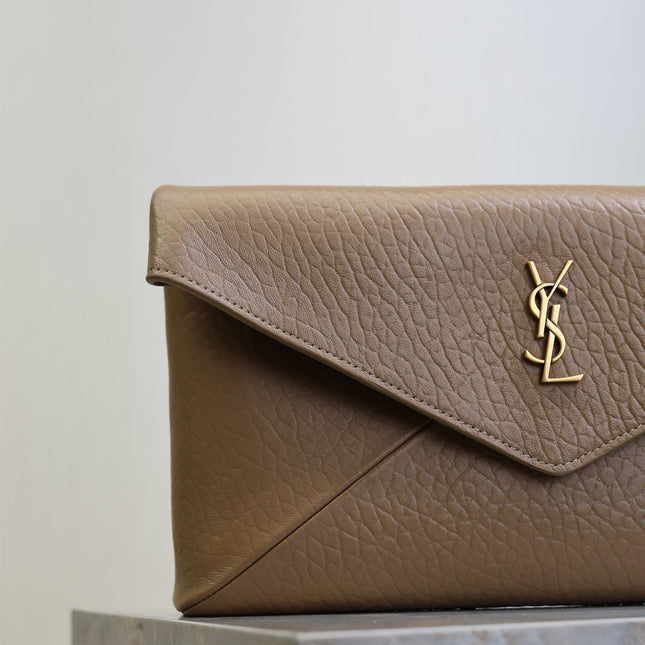 YSL 25S CASSANDRE LARGE ENVELOPE POUCH 29 IN DARK TAUPE CALFSKIN GOLD HARDWRE