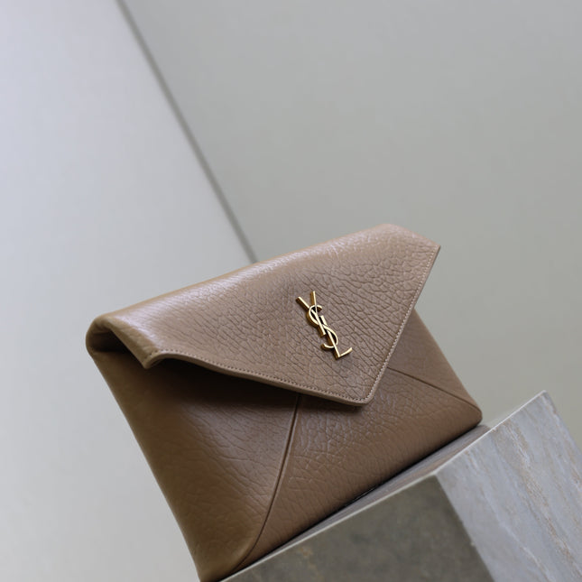 YSL 25S CASSANDRE LARGE ENVELOPE POUCH 29 IN DARK TAUPE CALFSKIN GOLD HARDWRE