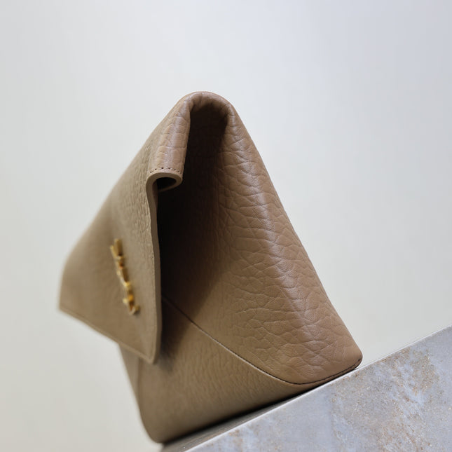 YSL 25S CASSANDRE LARGE ENVELOPE POUCH 29 IN DARK TAUPE CALFSKIN GOLD HARDWRE