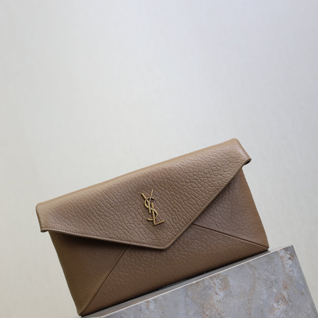 YSL 25S CASSANDRE LARGE ENVELOPE POUCH 29 IN DARK TAUPE CALFSKIN GOLD HARDWRE