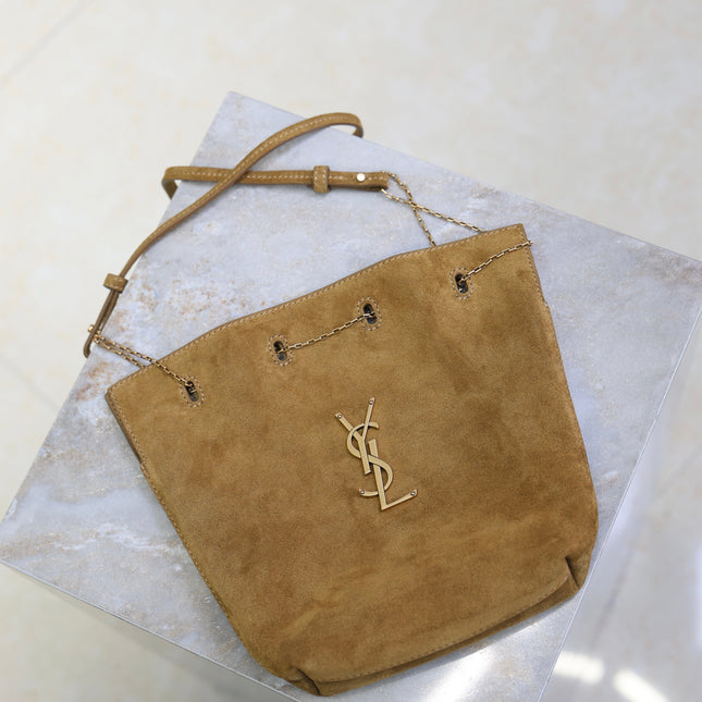 YSL 25S POCHON BAG 24 IN CARAMEL COGNAC SUEDE GOLD HARDWRE