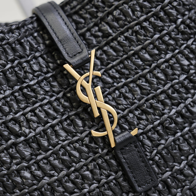 YSL 25S LE 5 À 7 SUPPLE SMALL 16 IN BLACK RAFFIA AND LEATHER GOLD HARDWRE