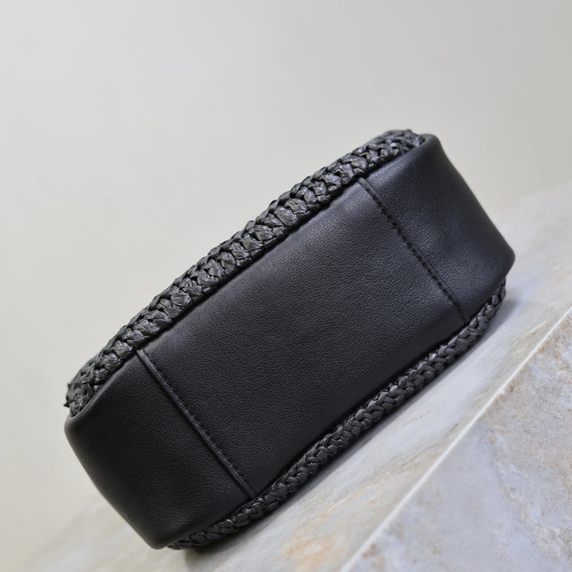 YSL 25S LE 5 À 7 SUPPLE SMALL 16 IN BLACK RAFFIA AND LEATHER GOLD HARDWRE