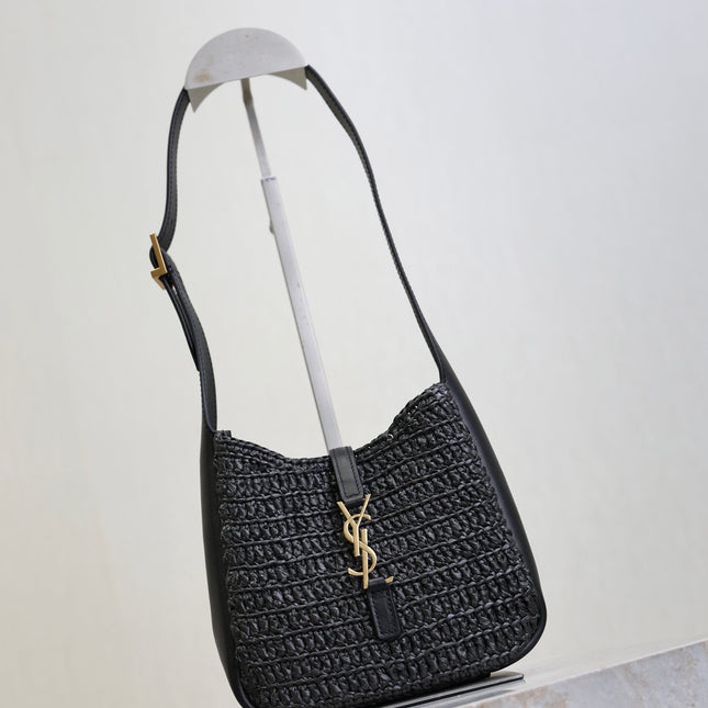 YSL 25S LE 5 À 7 SUPPLE SMALL 16 IN BLACK RAFFIA AND LEATHER GOLD HARDWRE