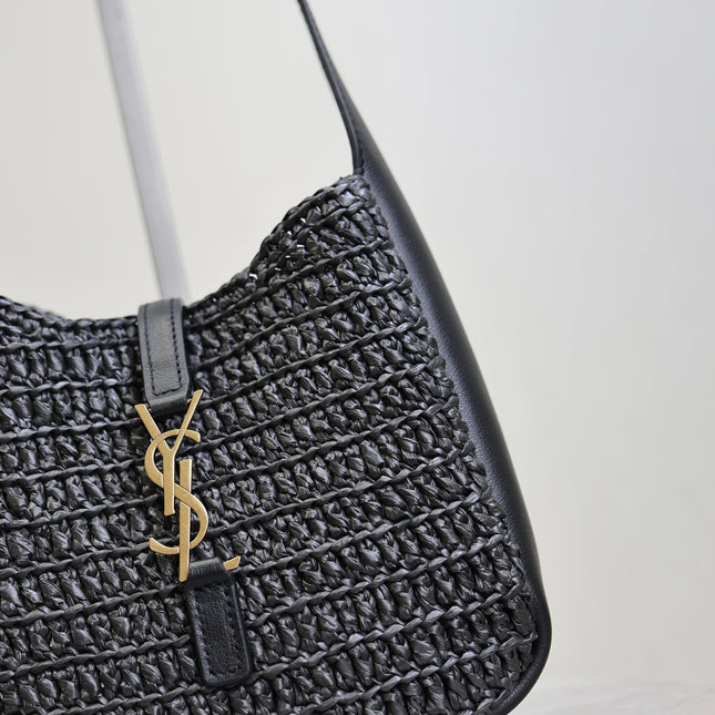 YSL 25S LE 5 À 7 SUPPLE SMALL 16 IN BLACK RAFFIA AND LEATHER GOLD HARDWRE