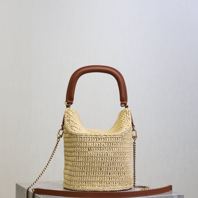 YSL 25S GABY BUCKET BAG 19 IN RAFFIA AND CALFSKIN GOLD HARDWRE