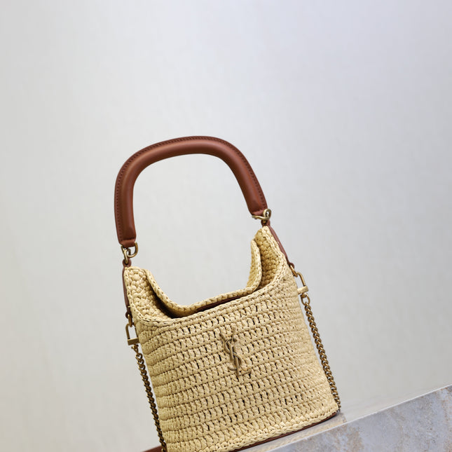 YSL 25S GABY BUCKET BAG 19 IN RAFFIA AND CALFSKIN GOLD HARDWRE
