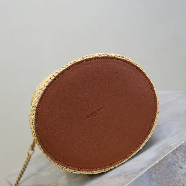 YSL 25S GABY BUCKET BAG 19 IN RAFFIA AND CALFSKIN GOLD HARDWRE