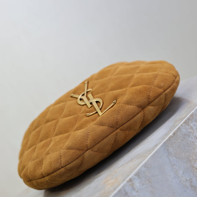 YSL 25S ICARINO MINI 17 IN CARAMEL QUILTED SUEDE GOLD HARDWRE
