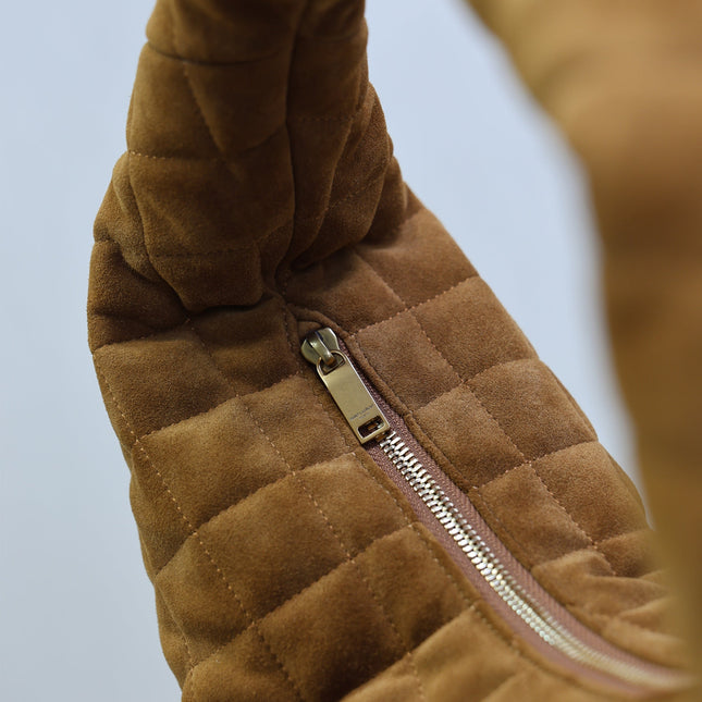 YSL 25S ICARINO 44 IN CARAMEL QUILTED SUEDE GOLD HARDWRE