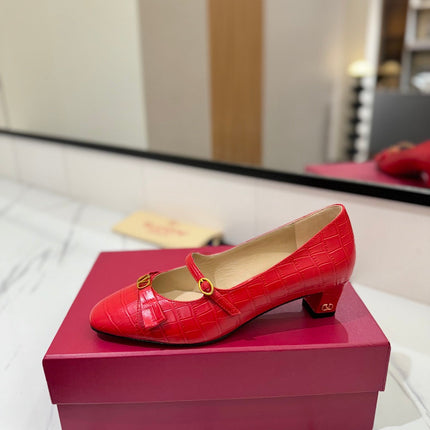 VLTN VLOGO SIGNATURE ROUND-TOE HEELS 25S IN RED LAMBSKIN SNAKE-EMBOSSED